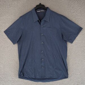 Travis Mathew men’s Large short sleeve button up shirt Navy striped Golf stretch